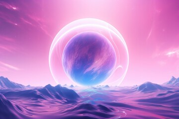 Wall Mural - a planet in universe with other life , mountains and moon in pastel colors. generative ai.
