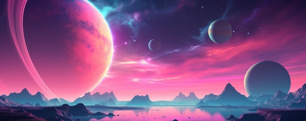 Wall Mural - a planet in universe with other life , mountains and moon in pastel colors panorama. generative ai.