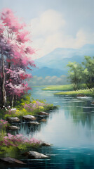 Wall Mural - Oil painting of a wild river with pink tree and flowers landscape hd phone wallpaper ai generated