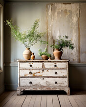 Ancient Vintage Classic Dresser Near Dilapidated Wall. Retro Grunge Home Interior Design Of Aged Living Room.