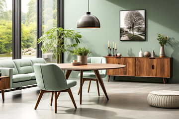 mint color chairs at round wooden dining table in room with sofa and cabinet near green wall. scandi