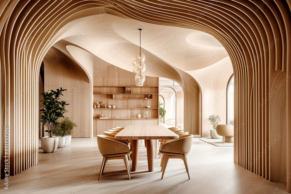 Minimalist interior design of modern dining room with abstract wood ...