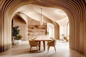 Minimalist interior design of modern dining room with abstract wood paneling arched wall.