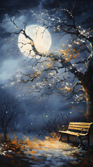 Wall Mural - Midnight moonlit magical scenery of a tree and park bench hd phone wallpaper ai generated