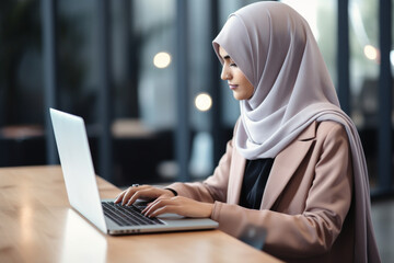 Wall Mural - Unrecognizable muslim woman in headscarf working on laptop in office