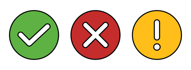 Aufkleber - Right wrong and exclamatory symbol icon set in black and white. Right, Wrong, Exclamation Vector set of flat check mark, X mark icons, exclamation. Checkmark, exclamation circle with color and strokes