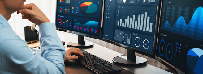 Poster - analyst working on data analysis or bi dashboard on computer monitor. businessman analyzing financia