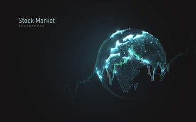 Poster - Financial, Stock, Graph, chart with globe background. Low polygonal and wireframe from dots and lines. Vector illustration