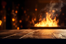 Empty Wooden Table With Blurred Background And Flames