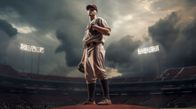 Baseball Pitcher Standing On The Mound Of A Stadium About To Throw A Pitch. Thunderous Cloudy Day. Full Game With Lights. Concept Of Play, Throw, Ball, And Pitch.