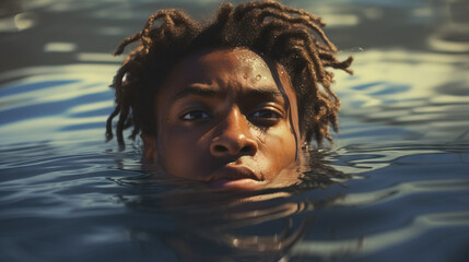 Young Black Teen With Dreads Coming Out of the Water. Body in Water. Head Out of Water. Swimming in Lake, Ocean, Pool. Concept of Relax, Swim, Water Sports.