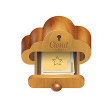 Cloud database wood cabinet shelf icon set service infographics hosting server database network and cloud isolated vector illustration.