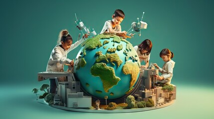 Children gleefully interacting with a globe, embodying their innate curiosity to explore the world and delve into science. Generative AI