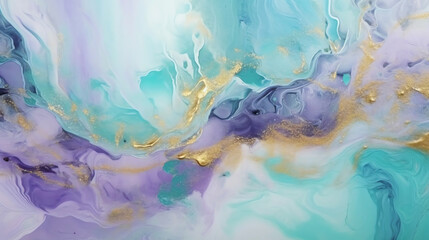 Wall Mural - Generative AI : Luxury abstract fluid art painting in alcohol ink technique, mixture of blue and purple paints. Imitation of marble stone cut, glowing golden veins. Tender and dreamy design.