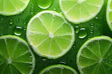 Wall Mural - Slices of fresh juicy green lemons. Lime fruit cut texture. Citrus section pattern. Vibrant color summer design. Flat lay, top view