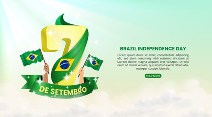 7 De Setembro Dia Da Independencia Do Brasil or September 7th Brazil Independence Day background with 3d lettering and waving flags