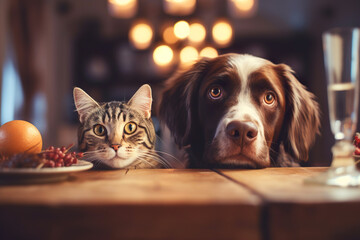 Cat and dog friends waiting for food at dinner table. Pets and Christmas photo for postcard.