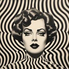 Vintage Pop Collage Illustration Of A Beautiful Woman Over Monochromatic Pattern, Retro Pop Art