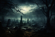 Halloween Night Background. Cemetery Or Graveyard In The Night With Dark Sky. Haunted Cemetery. Spooky And Creepy Burial Ground. Horror Scene Of Graveyard. Halloween Day Background.