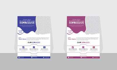 A modern impressive vector flyer template set with organic shapes and also blue and purple color.