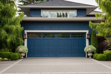 Blue garage door with a driveway in front.