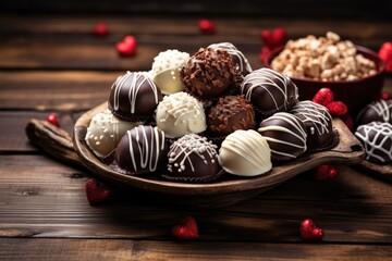 Dark, milk and white chocolate candies / pralines / truffles, assorted on wooden table. Dessert for Valentine's Day.