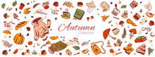 Hello Autumn Collection With Fall Symbols. Set Of Autumn Elements: Leaves, Coffee, Tea, Sweater, Boots, Vegetables, Mushrooms. Hand-drawn Vector Illustration In Doodle Colorful Sketch Style.