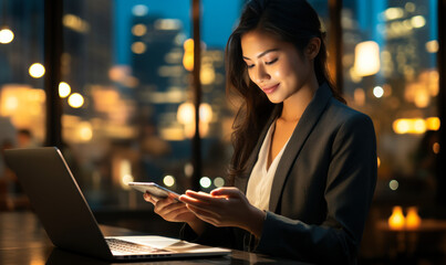 young happy busy asian business woman executive using laptop mobile cell phone tech at night in dark