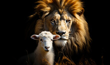 The Lion And The Lamb: Majestic Wildlife Together On Black Background