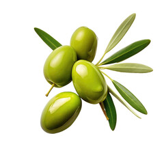 Poster - Large green olives in olive oil with leaves on a transparent backround, seen from above.