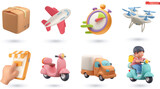 Fototapeta Dinusie - Delivery 3d cartoon vector icon set. Parcel, airplane, stopwatch, drone, online shop, scooter, truck, courier
