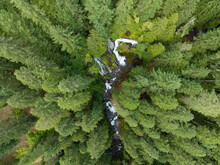 Seen From A Bird's Eye Perspective, The Impressive Panther Creek Falls Flows Through The Gifford Pinchot National Forest In Washington. This Beautiful Area Is Not Far From The Columbia River Gorge.
