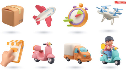 delivery 3d cartoon vector icon set. parcel, airplane, stopwatch, drone, online shop, scooter, truck