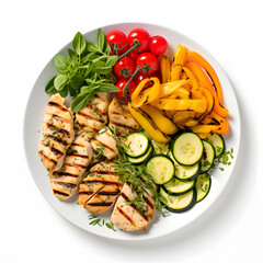 Plate of green vegetables and grilled chicken, top view. Healthy eating concept