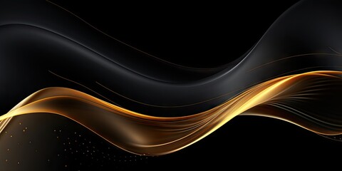 Abstract background with elegant curves and shiny elements. Modern black and gold design for fashion cover. Luxurious art with smooth golden glow lines