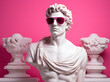 Neoclassical sculpture of  man with sunglasses made of plastic, photo-realistic hyperbole, white figure on pink background.