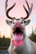 Funny reindeer chewing on pink bubble gum