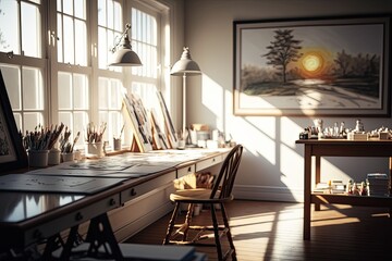 Artist's studio interior. Bright classroom for drawing.