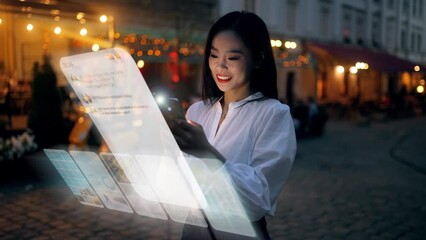Wall Mural - Beautiful Smiling Asian Woman Using Phone on a City Street at Night. Visualization of Social Media, Chatting, Texting, Messaging App Icons. Social Networking Service