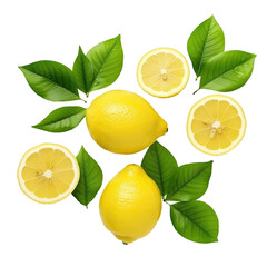 Poster - Top view of fresh organic lemon with slice and leaves on transparent backround.