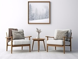 Interior design of modern living room with two armchairs and big frame poster generative ai