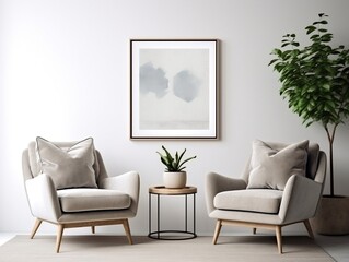 Interior design of modern living room with two armchairs and big frame poster generative ai