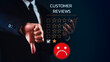 Businessman is using smartphone and showing thumb down for dissatisfied feedback review against dark blue background.