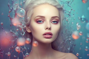 Wall Mural - creative template graphics image of blonde hair lady between colorful water drops created with gener