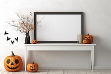 Empty Frame On White Wall, Table With Halloween Decorations, Generative Ai