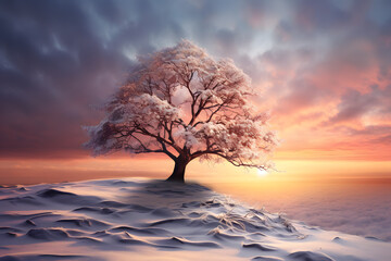 Wall Mural - Beautiful winter landscape single tree during sunset in snow 