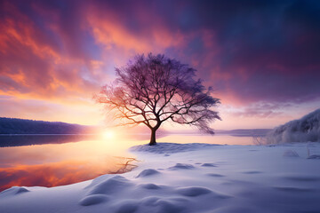 Wall Mural - Beautiful winter landscape single tree during sunset in snow 