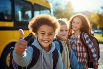 Canvas Print - Generative ai collage picture of student travel every day for school lesson on schoolbus