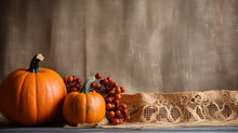 One Pumpkin Positioned On A Rustic Burlap And Lace Background, Pumpkin Background, Halloween Banner, Generative AI