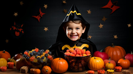 Wall Mural - Boy in a superhero costume showing off his bucket overflowing with Halloween treats on the right side, child with Halloween candy, Halloween banner, Generative AI